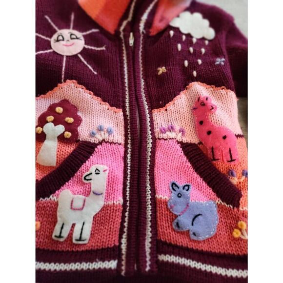 PERUVIAN HAND KNIT PATCHWORK HOODED ZIP UP PINK PURPLE SWEATER NEW - Picture 4 of 10